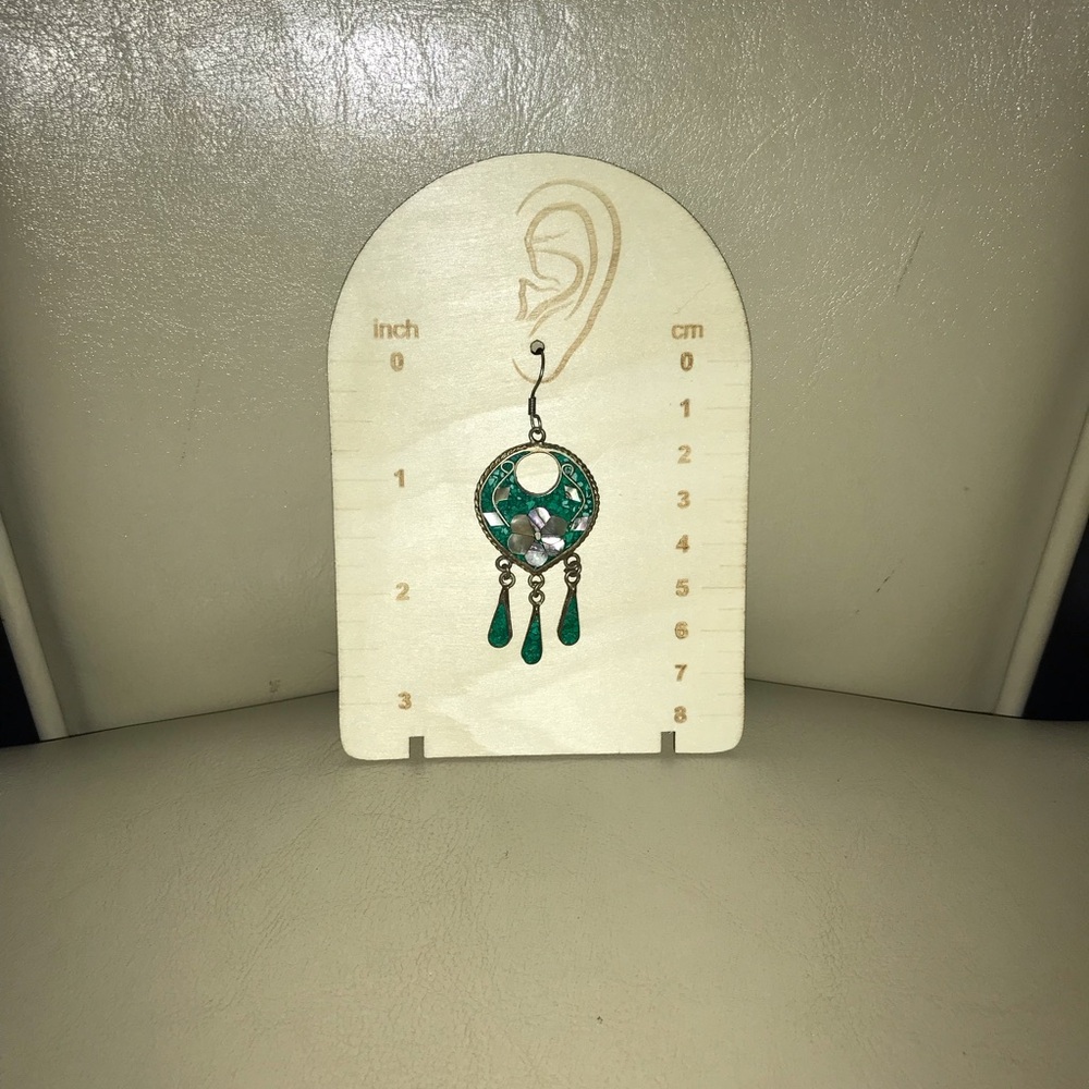 Vintage Teal and Silver Dangle Earrings by Alpaca Mexico - Picture 3 of 5